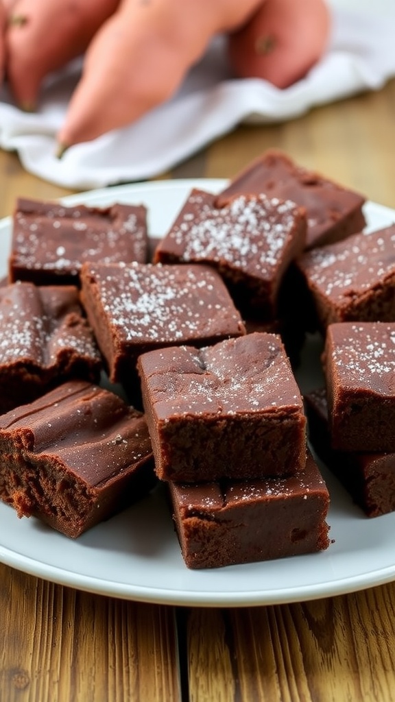 Fudgy sweet potato brownies on a plate with cocoa powder, with sweet potatoes in the background.